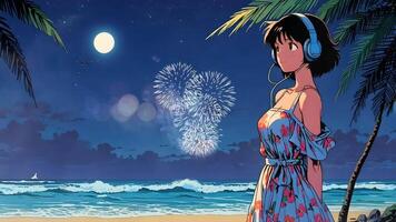 A stylized illustration of a women standing on a beach, with waves, palm leaves, and a clear sky in the background. The scene evokes a sense of tranquility and tropical vibes video
