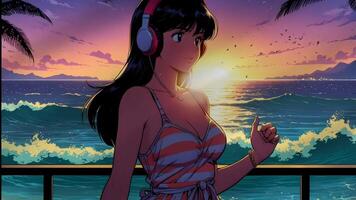 A stylized illustration of a women standing on a beach, with waves, palm leaves, and a clear sky in the background. The scene evokes a sense of tranquility and tropical vibes video