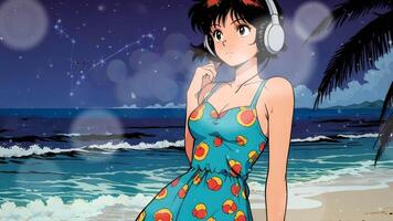 A stylized illustration of a women standing on a beach, with waves, palm leaves, and a clear sky in the background. The scene evokes a sense of tranquility and tropical vibes video