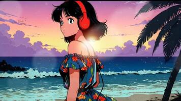 A stylized illustration of a women standing on a beach, with waves, palm leaves, and a clear sky in the background. The scene evokes a sense of tranquility and tropical vibes video