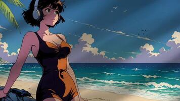 A stylized illustration of a women standing on a beach, with waves, palm leaves, and a clear sky in the background. The scene evokes a sense of tranquility and tropical vibes video