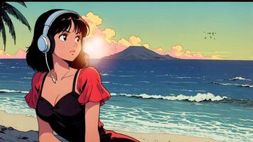 une stylisé illustration de une femmes permanent sur une plage, avec vagues, paume feuilles, et une clair ciel dans le Contexte. le scène évoque une sens de tranquillité et tropical ambiance video