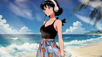 A stylized illustration of a women standing on a beach, with waves, palm leaves, and a clear sky in the background. The scene evokes a sense of tranquility and tropical vibes video