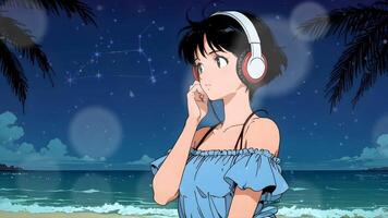A stylized illustration of a women standing on a beach, with waves, palm leaves, and a clear sky in the background. The scene evokes a sense of tranquility and tropical vibes video