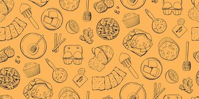 Hand Drawn Outline Cupcake Cooking Seamless Pattern in Vintage Style vector