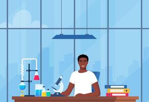 Scientist in chemistry laboratory working on research and exploration. Flasks, vials, test tubes with substance. Lab research, testing, studies in chemistry. illustration. vector