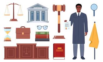 Symbols of justice. Judge in black robe, law book, judicial gavel, weights of justice, courthouse, briefcase. illustration. vector