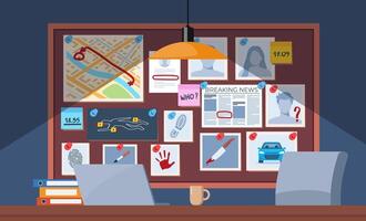 Investigation board. Homicide detectives board showing clues and suspects, a crime scene map, weapon, vehicle and notes. illustration. vector