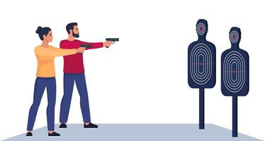 Focused man and woman Practicing Shooting Skills At Indoor Range. Characters In Ear Protection Stands Confidently, Aiming Pistols At Target. illustration. vector