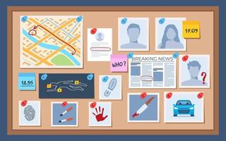 Investigation board. Homicide detectives board showing clues and suspects, a crime scene map, weapon, vehicle and notes. illustration. vector