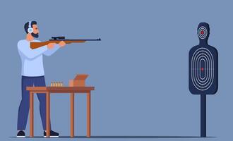 Focused Man Practicing Shooting Skills At Indoor Range. Male Character In Ear Protection Stands Confidently, Aiming A Rifle At Target. illustration. vector