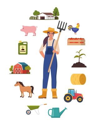 Farmer character and different farm elements. Black woman farmer, barn, horse, fertilizer, haystack, cart, crop, pitchfork, watering can, plant. Set of elements on farm theme. illustration.