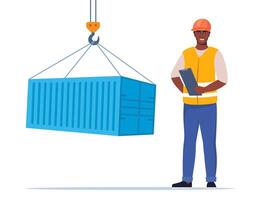 Loading freight container by crane. Black Man engineer. Construction Worker in uniform and orange protective helmet, holding clipboard with checklist. Head of construction works. illustration. vector