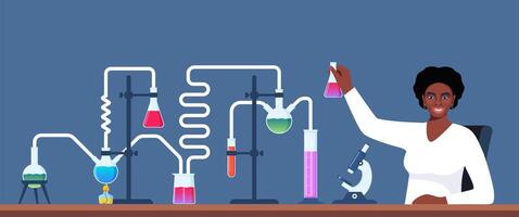 Scientist in chemistry laboratory working on research and exploration. Flasks, vials, test tubes with substance. Lab research, testing, studies in chemistry. illustration. vector