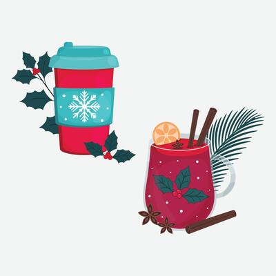Christmas set of mugs of hot drinks with decorations.
