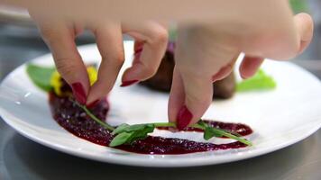 Garnish meat with microgreens piece of fried meat garnished with cherry tomatoes and microgreens is served on a white plate. Delicious grilled steak close-up. Cooking at home. Slow motion. video