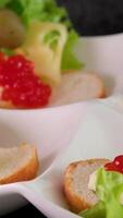 Sandwiches with caviar food background. several sandwiches with red caviar rotate on a plate. close-up. video