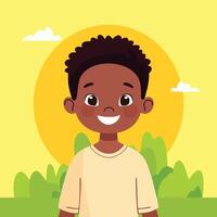 black boy with smile face and sun and tree background design and boy cartoon illustration design vector