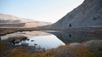 Static back view adventurous fit traveller cycle bicycle touring solo in remote high Pamir mountains early morning by river. Pamir highway Bartang valley video