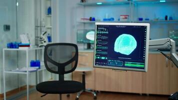 Empty medical laboratory with modern equipment prepared for discovery of health innovations of nervous system using high tech. Microbiology tools for scientific research in neurological lab video