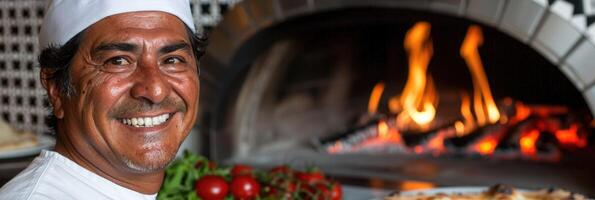 A man is smiling happily in front of a hot pizza oven, preparing food photo