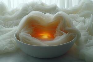 A white bowl that contains a decorative candle placed inside of it photo