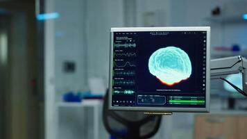 Interior of empty science laboratory with modern equipment prepared for treatment innovation of nervous. System using high tech and microbiology tools for scientific research in neurological lab video