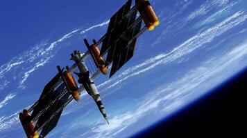 Spacecraft docking on spacestation at the earth orbit space station above the earth. Telecommunication spaceship floating in univers, shuttle into atmosphere. Images from NASA. 3D render animation video