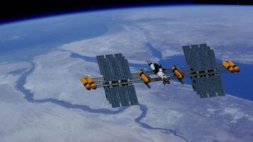 Satellite scaning and monitoring the earth, spacecraft is orbiting the earth. Floating spaceship in the univers, shuttle into atmosphere. Images from NASA. Rendered 3D illustration video