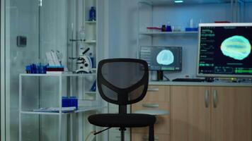 Neurological laboratory with nobody in it modernly equipped prepared for experiments development, examining brain functions, nervous system, tomography scan for scientific research. video