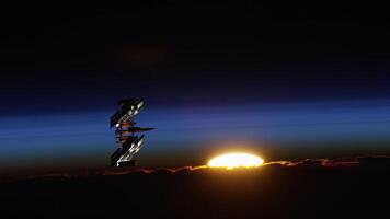 International spaceship floating in space during sunset transmitting informations about galaxy system. Spacecraft exploring universe, cosmos travel, shuttle orbiting into atmosphere for NASA. video