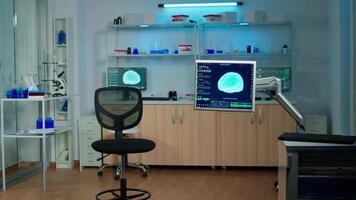 Empty laboratory modernly equipped with nobody in it, prepared for neurological innovation using high tech and microbiology tools for scientific research. Medical clinic for examining brain functions video