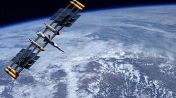 meteorología espacio navegación satélite supervisión clima de planeta orbital encima tierra. telecomunicación astronave flotante en universo, lanzadera dentro atmósfera. imágenes desde nasa 3d hacer animación video
