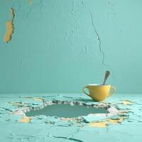 A Surreal Yellow Cup and Spoon in a Cracked Teal Setting, Radiating Creativity and Elegance photo