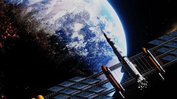 Weather space satellite monitoring earth from orbit floating above the planet. Spaceship orbiting in the univers, shuttle into atmosphere. Images from NASA. 3D render animation. video