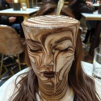 A woman sits comfortably at a table with a quirky face cup photo