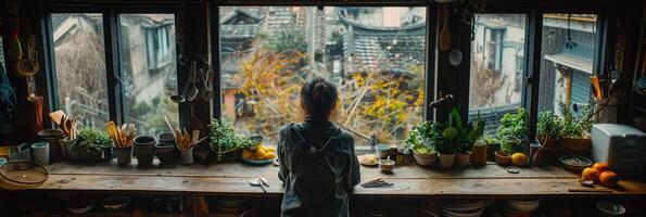 A woman is calmly standing in front of a large window looking out photo