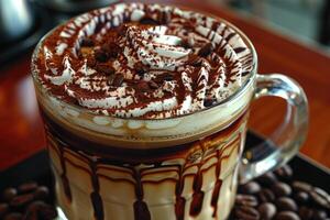 A delightful cup of coffee with whipped cream and chocolate sprinkles photo