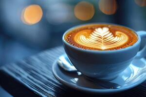 A decorative coffee cup with a leaf design on the foam photo
