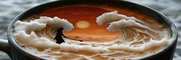 A cup of coffee with artwork of a man fishing in the ocean photo