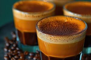 Three coffee glasses sit on a table by coffee beans photo