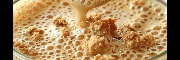 A closeup of a glass bowl with brown liquid and small bubbles photo