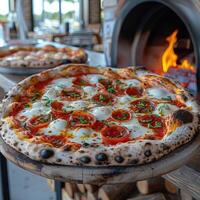 Enjoy a delicious and classic Margherita Pizza that is freshly baked to perfection and delightful photo