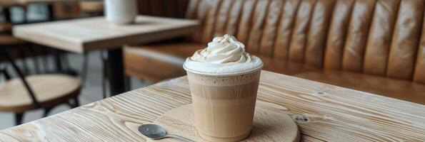 Indulge in a Deliciously Creamy Coffee Experience while Relaxing in a Cozy Cafe Setting photo