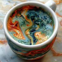 A beautifully crafted cup of coffee featuring a colorful swirl design in it photo