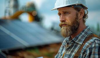 Construction Worker Evaluating Solar Panel Installation Outdoors photo