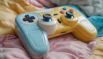 Colorful Game Controller on Soft Bedding in Cozy Room. A vibrant game controller rests on a plush photo