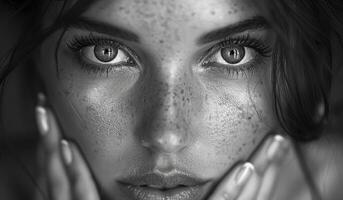 Close-Up of a Woman With Freckles and Intense Eyes in Soft Light photo