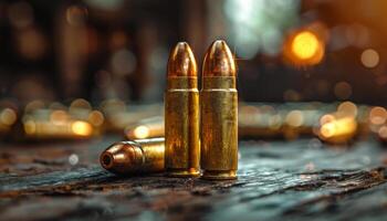 Close-Up of Bullets on a Wooden Surface With Blurry Background. Three bullets rest on a wooden surface photo
