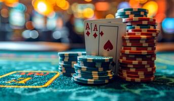 Poker Chips and Playing Cards on Casino Table at Night. A stack of colorful poker chips next to a pair of playing cards photo